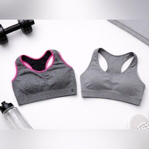 Champion SZ L/XL Sports Bra Heathered Gray Pink Trim Racerback Athletic Women